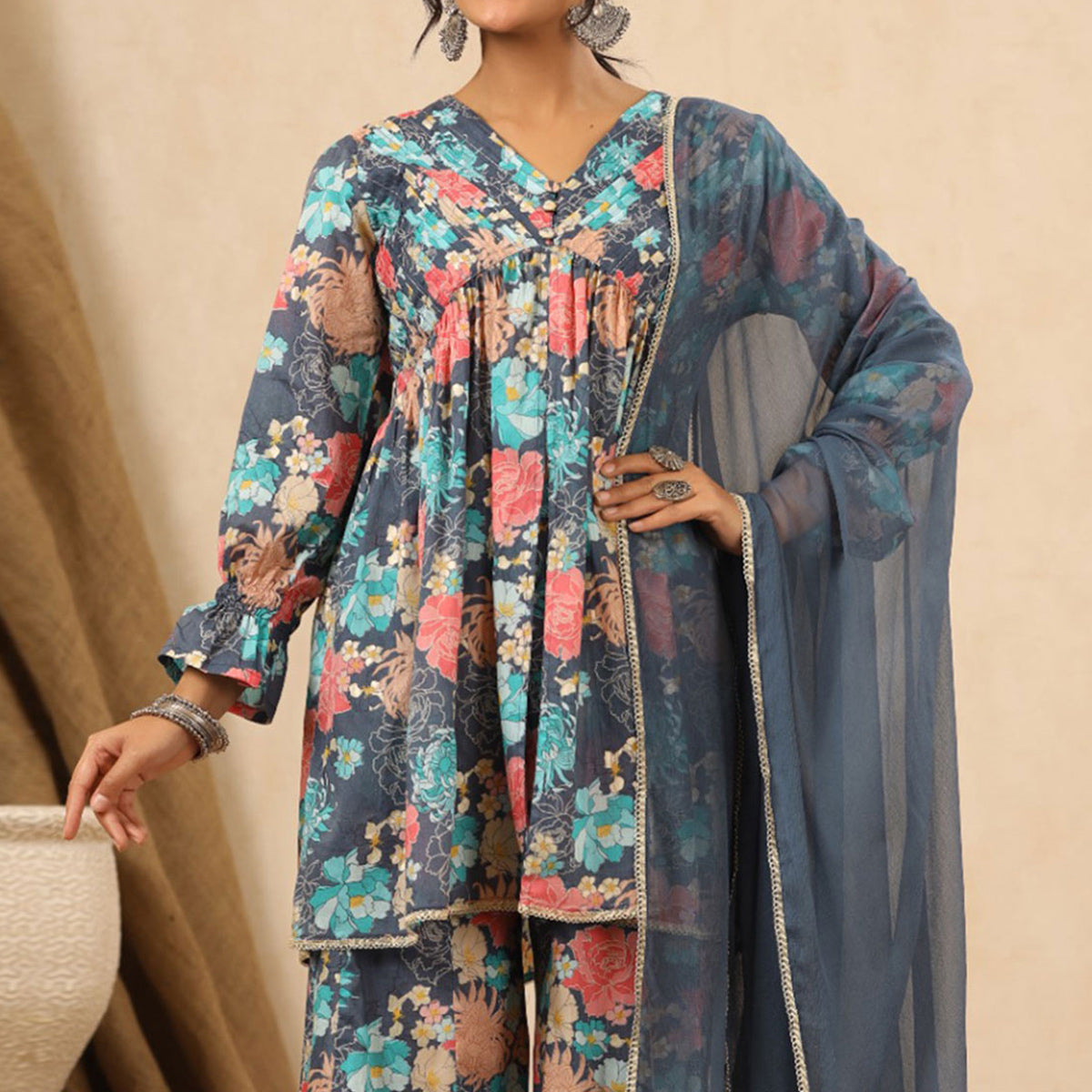 Grey Floral Printed Muslin Sharara Suit