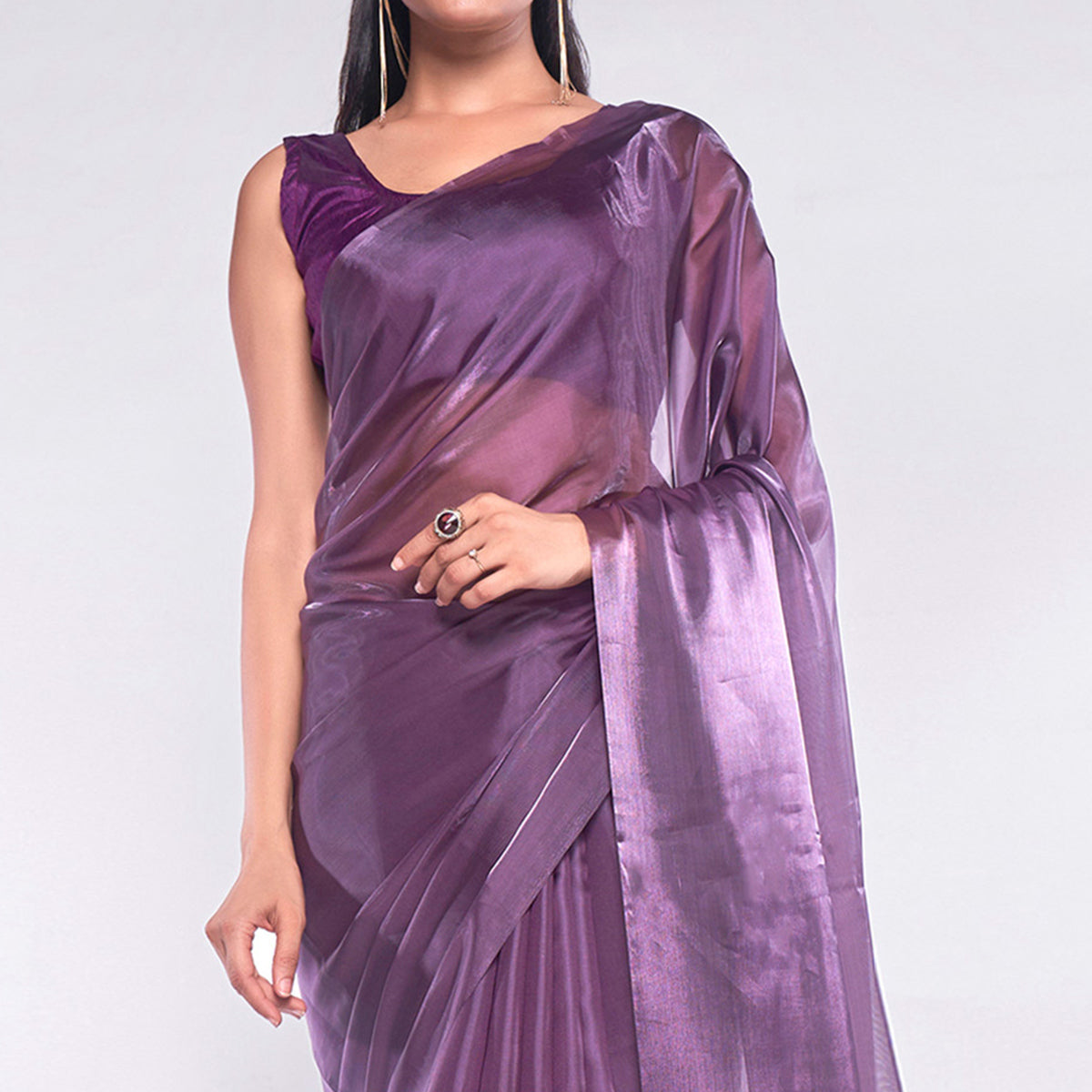 Vilote Solid Organza Saree With Tassels