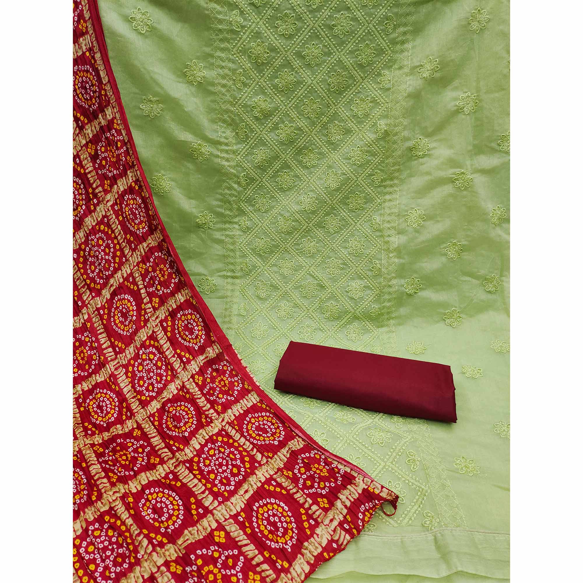 Green Embroidered Chanderi Dress Material