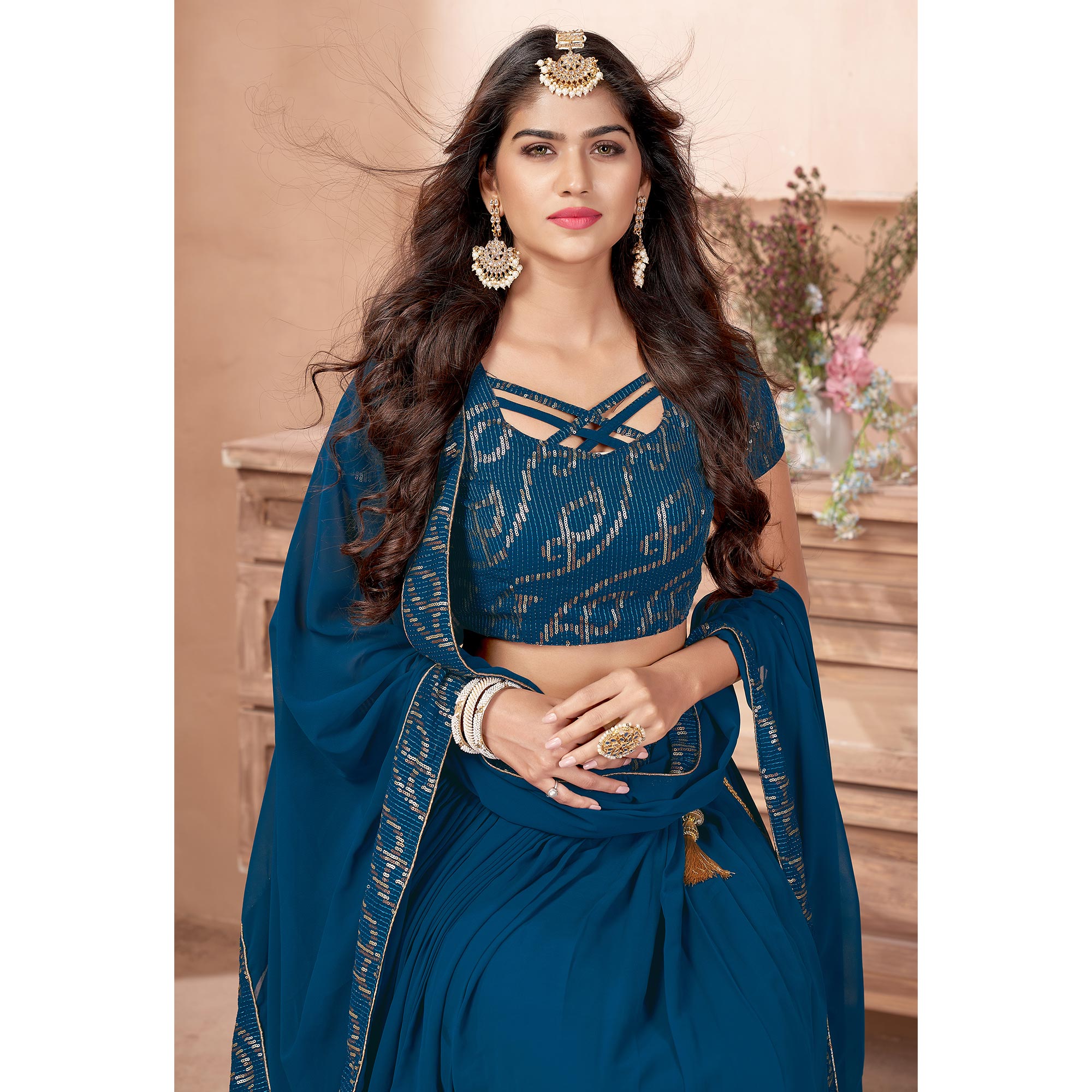 Teal Blue Sequins Embroidered Georgette Lehenga Choli