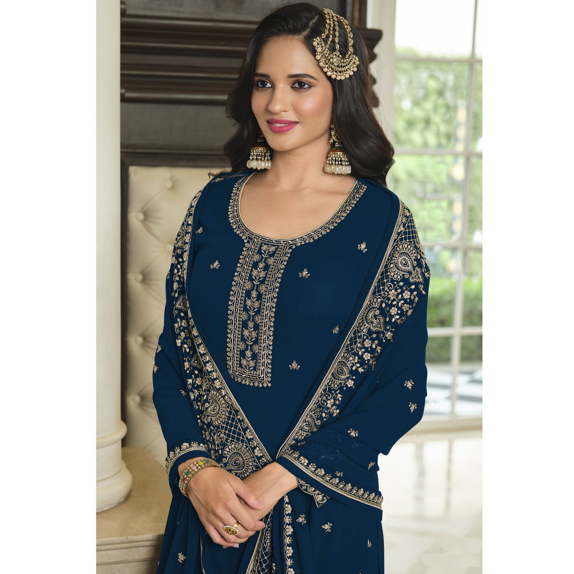 Blue Floral Embroidered Georgette Sharara Suit