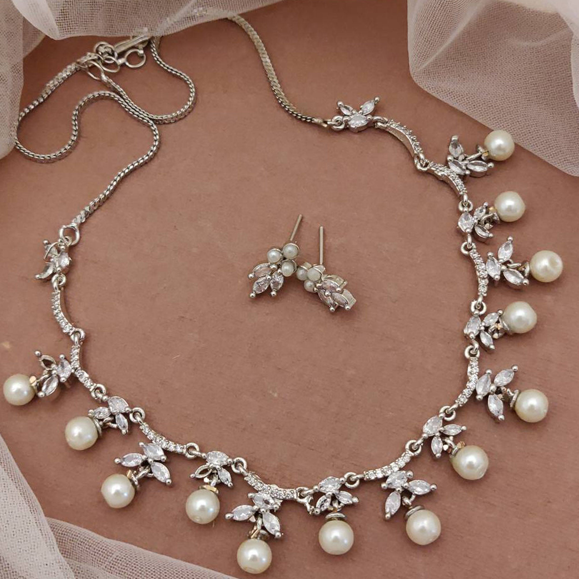 Silver Colored American Diamond Premium Alloy Necklace set