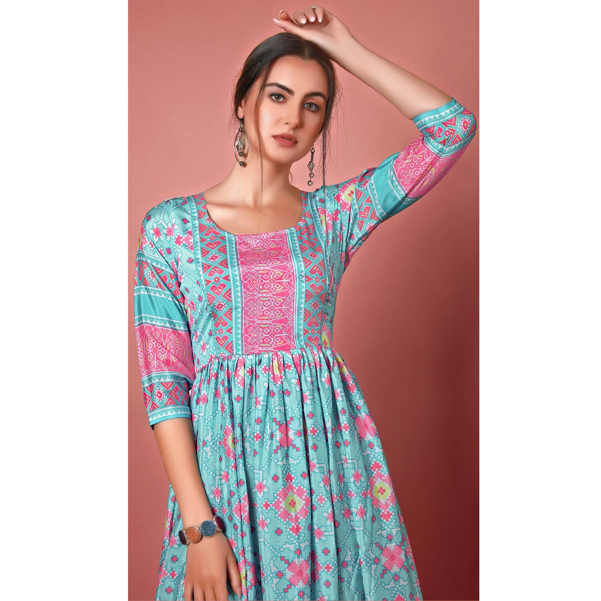 Sky Blue Digital Printed Chiffon Long Kurti