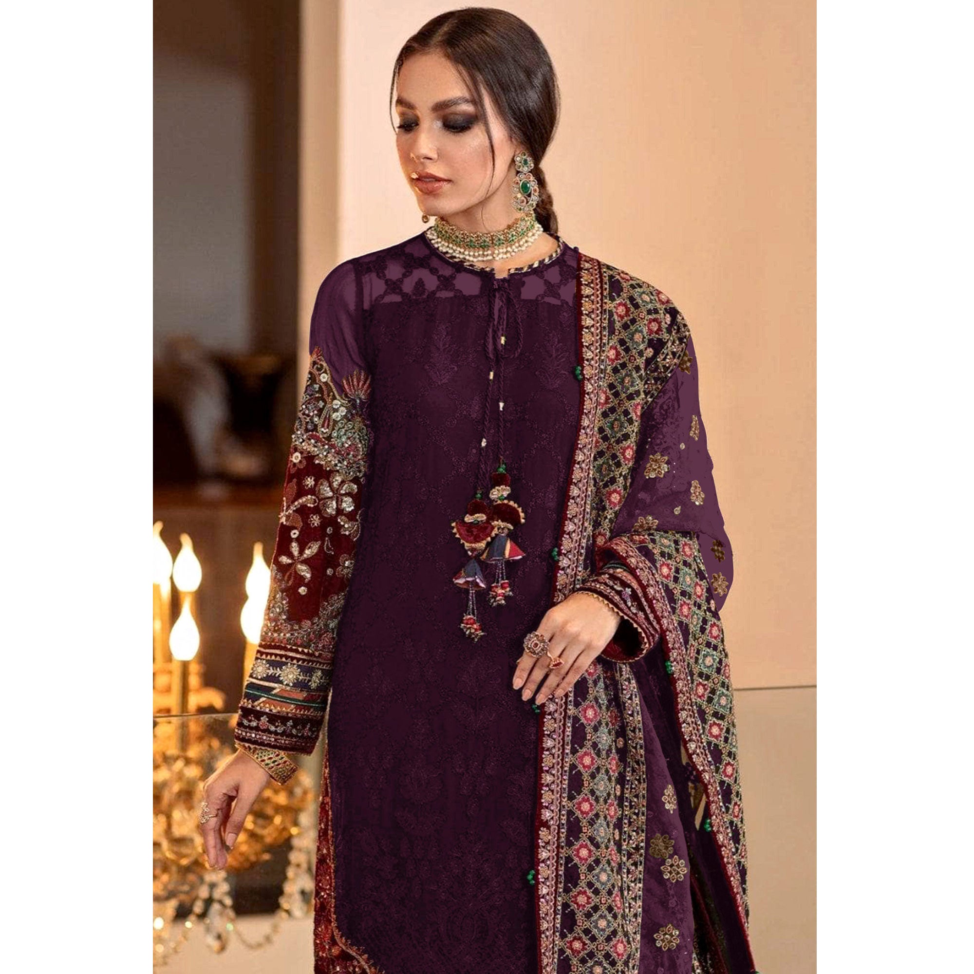 Purple Sequins Embroidered Georgette Pakistani Suit