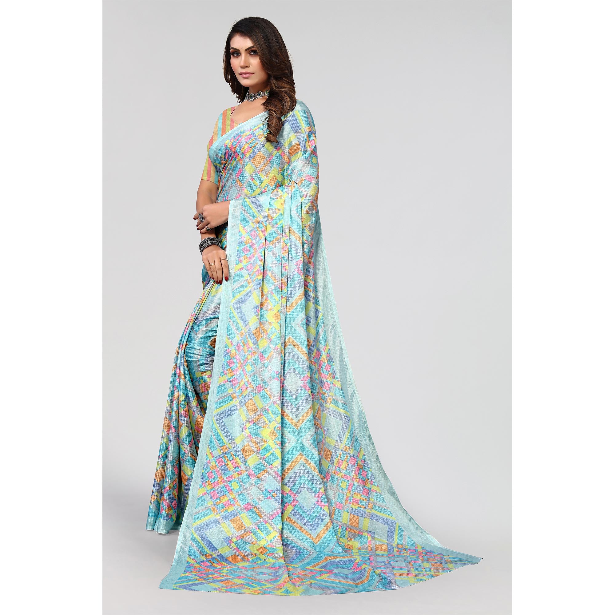 Sky Blue Geometric Printed Chiffon Saree