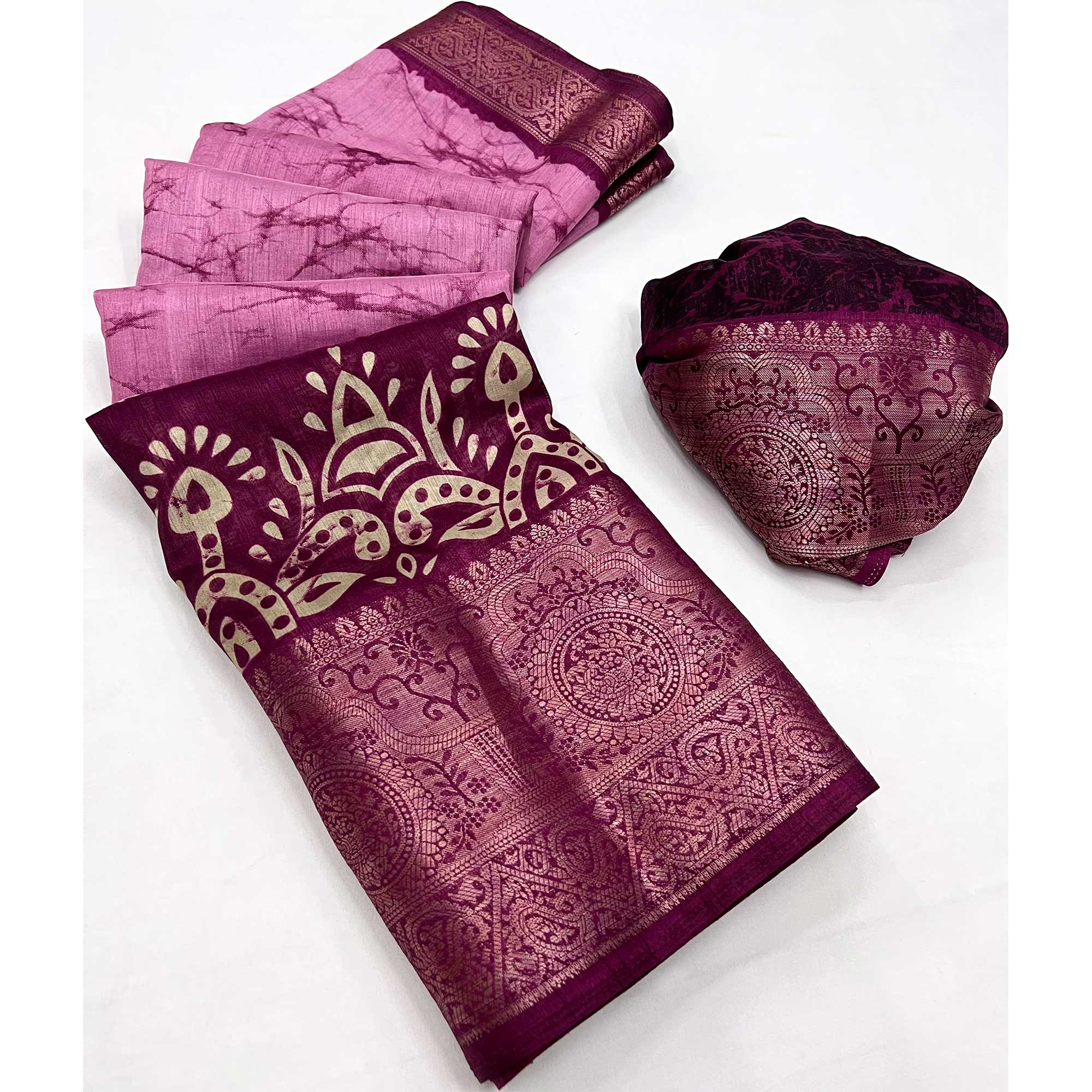 Pink Floral Printed With Woven Dola Silk Saree