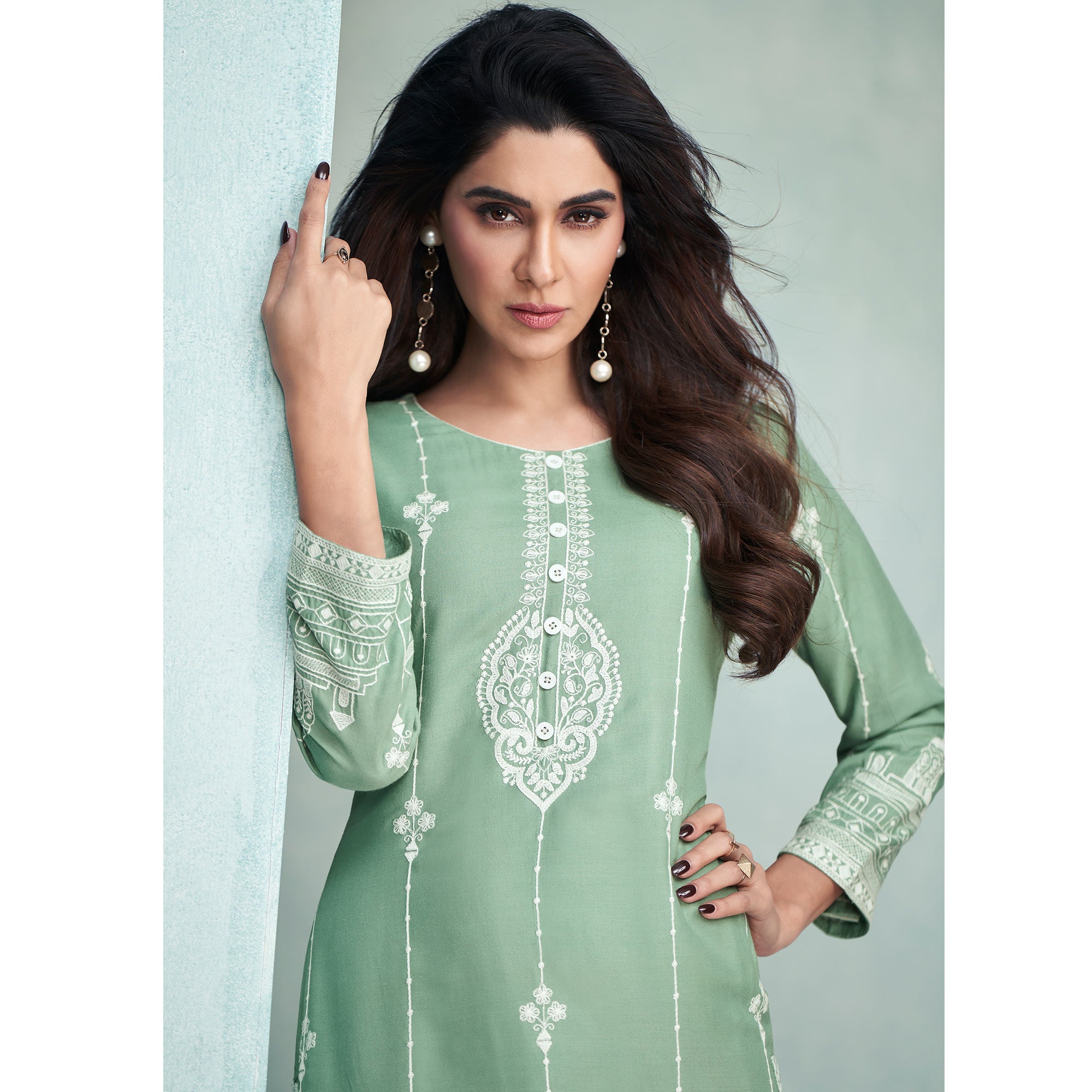 Sea Green Lucknowi Embroidered Rayon Kurti