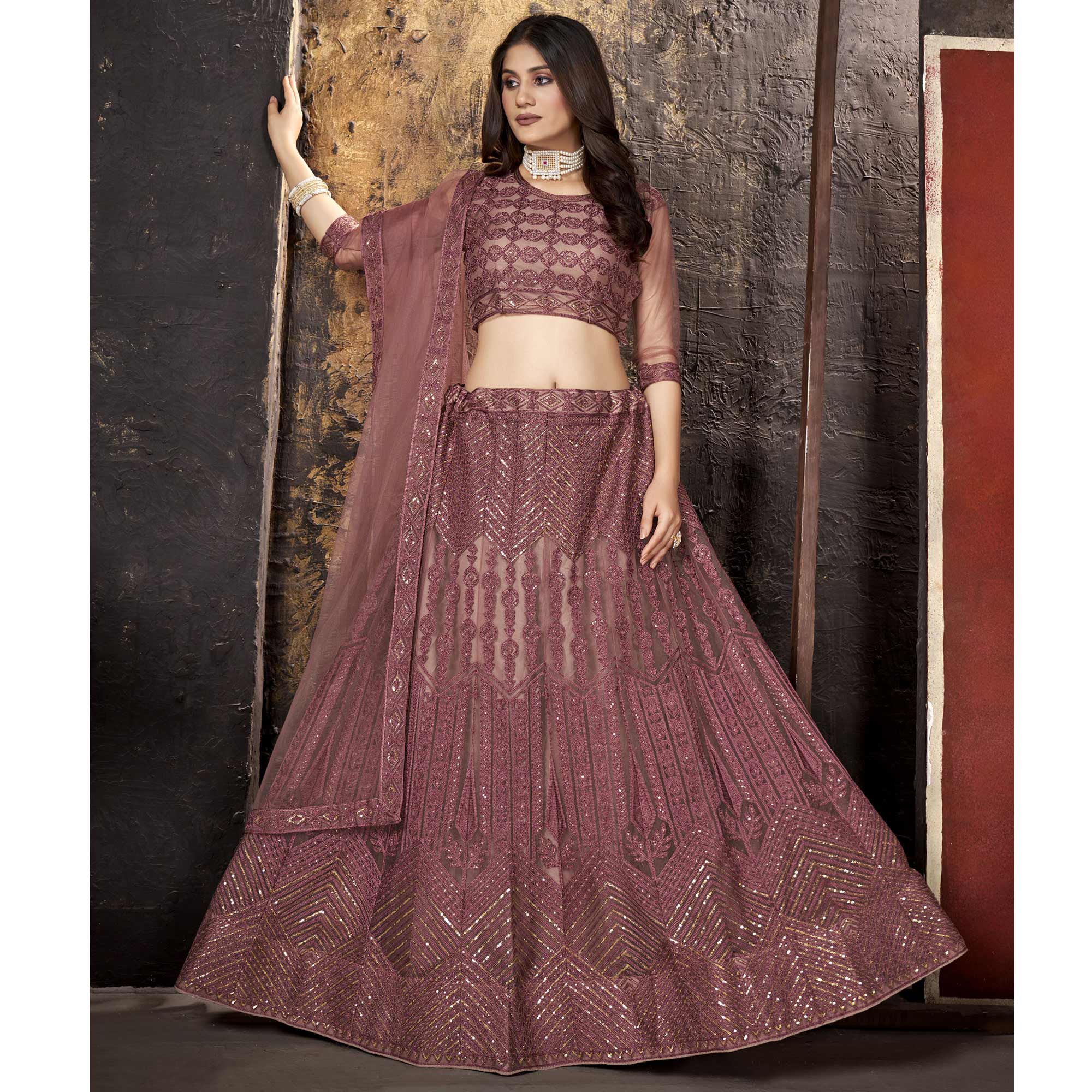 Dusty Pink Sequins Embroidered Net Lehenga Choli