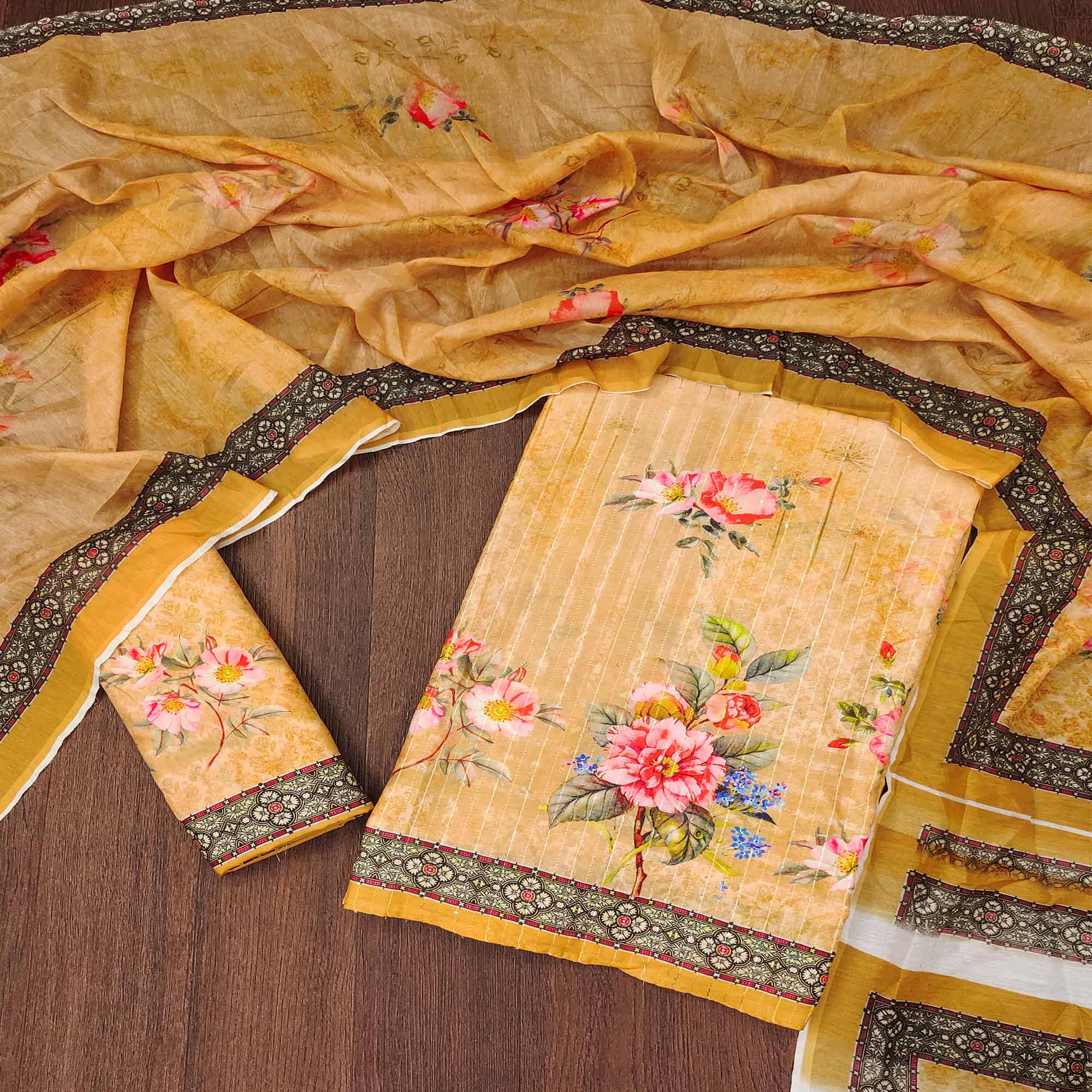 Yellow Floral Digital Printed Muslin Dress Material