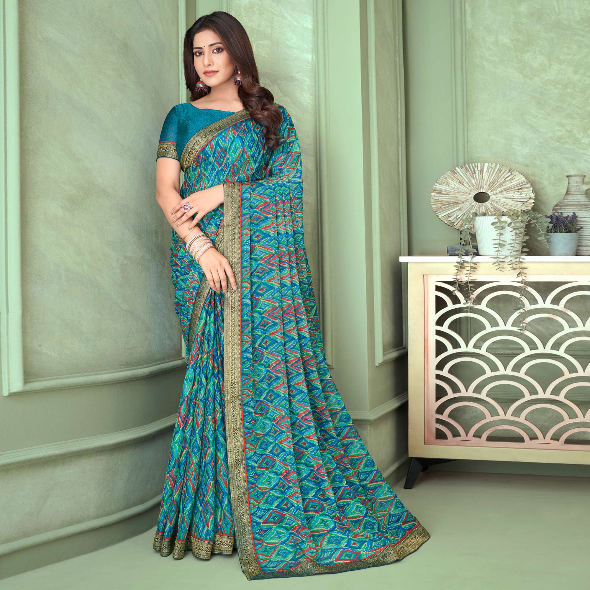 Rama Blue Digital Printed Chiffon Saree With Lace Border