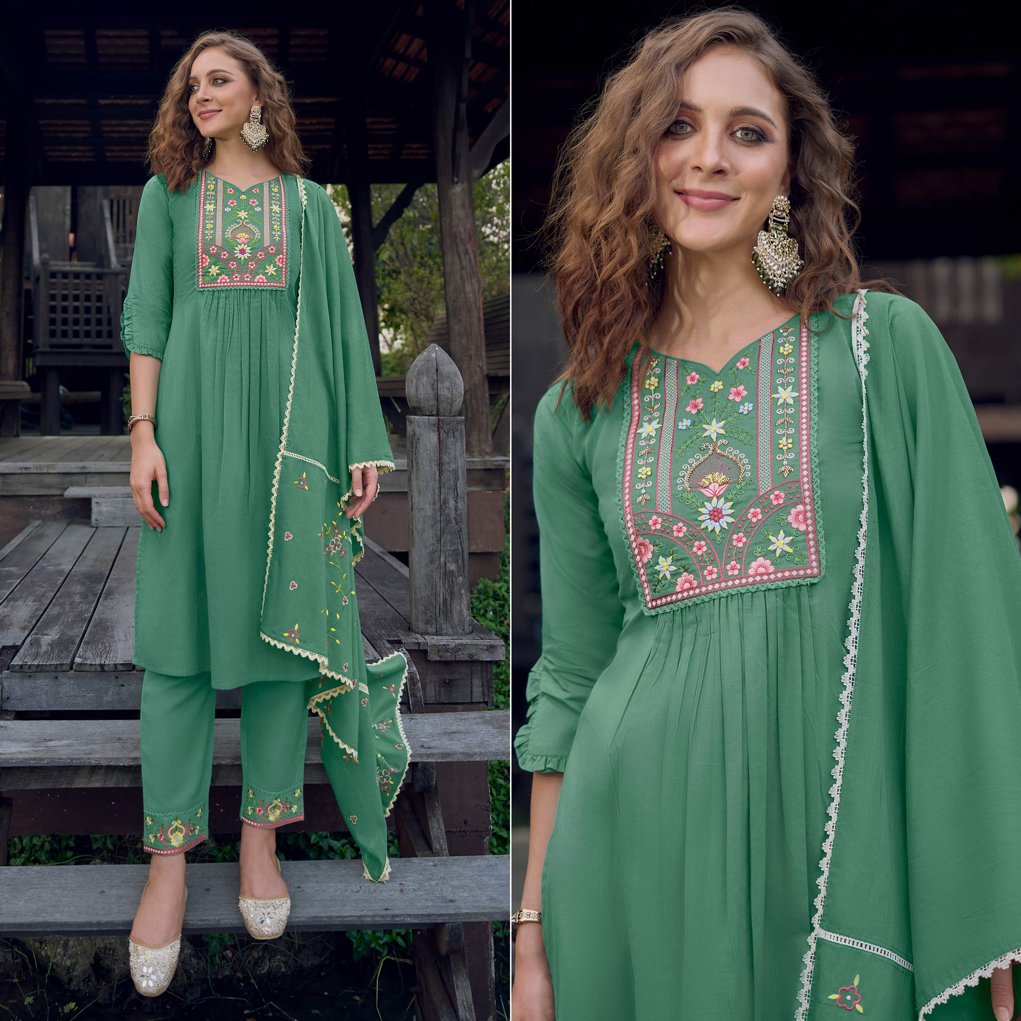 Sea Green Embroidered Pure Cotton Suit