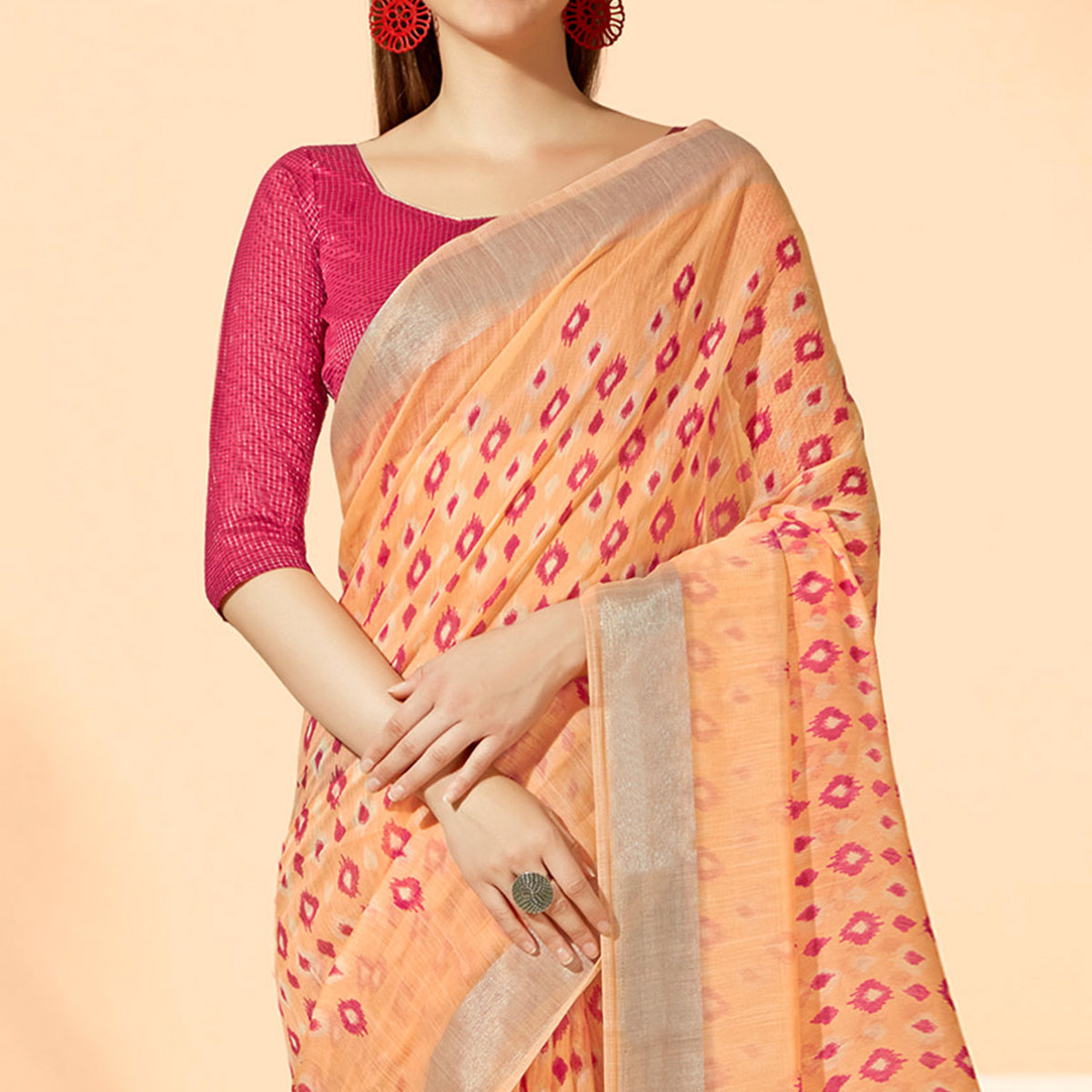 Peach Printed Cotton Silk Saree With Tassels