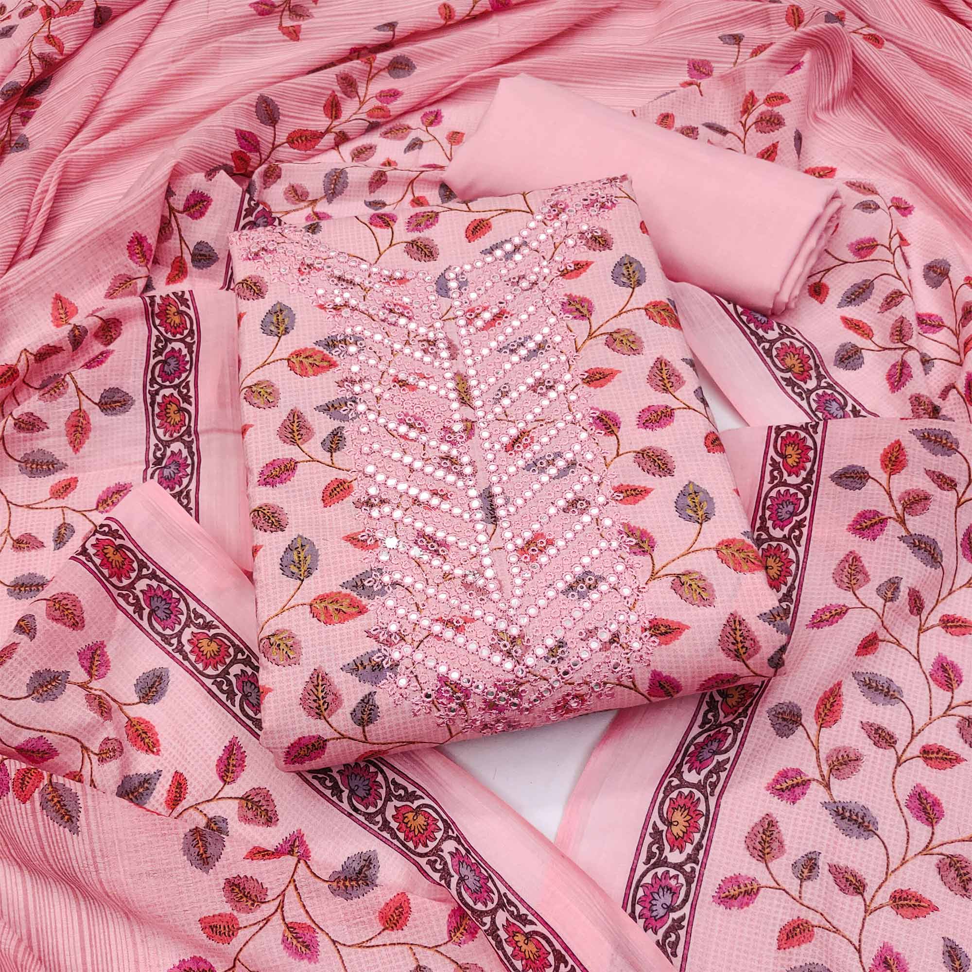 Pink Floral Printed-Mirror Work Pure Cotton Dress Material