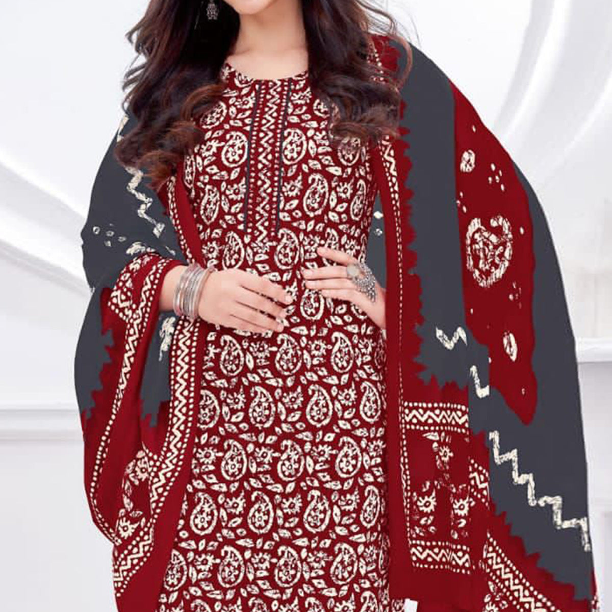 Maroon Printed Cotton Suit
