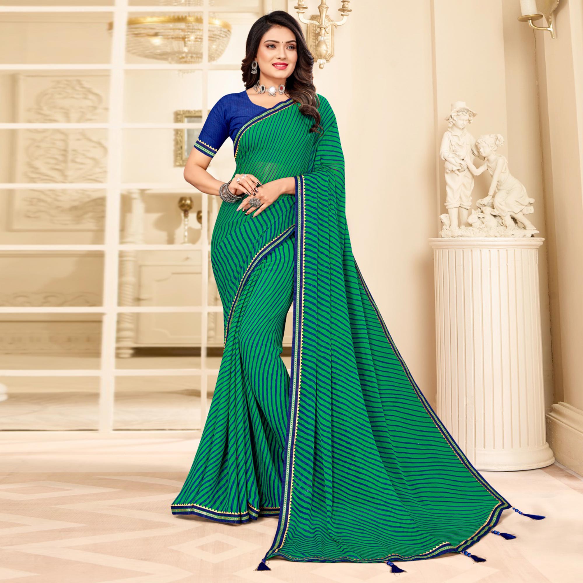 Green Digital Striped Printed Chiffon Saree With Tassels