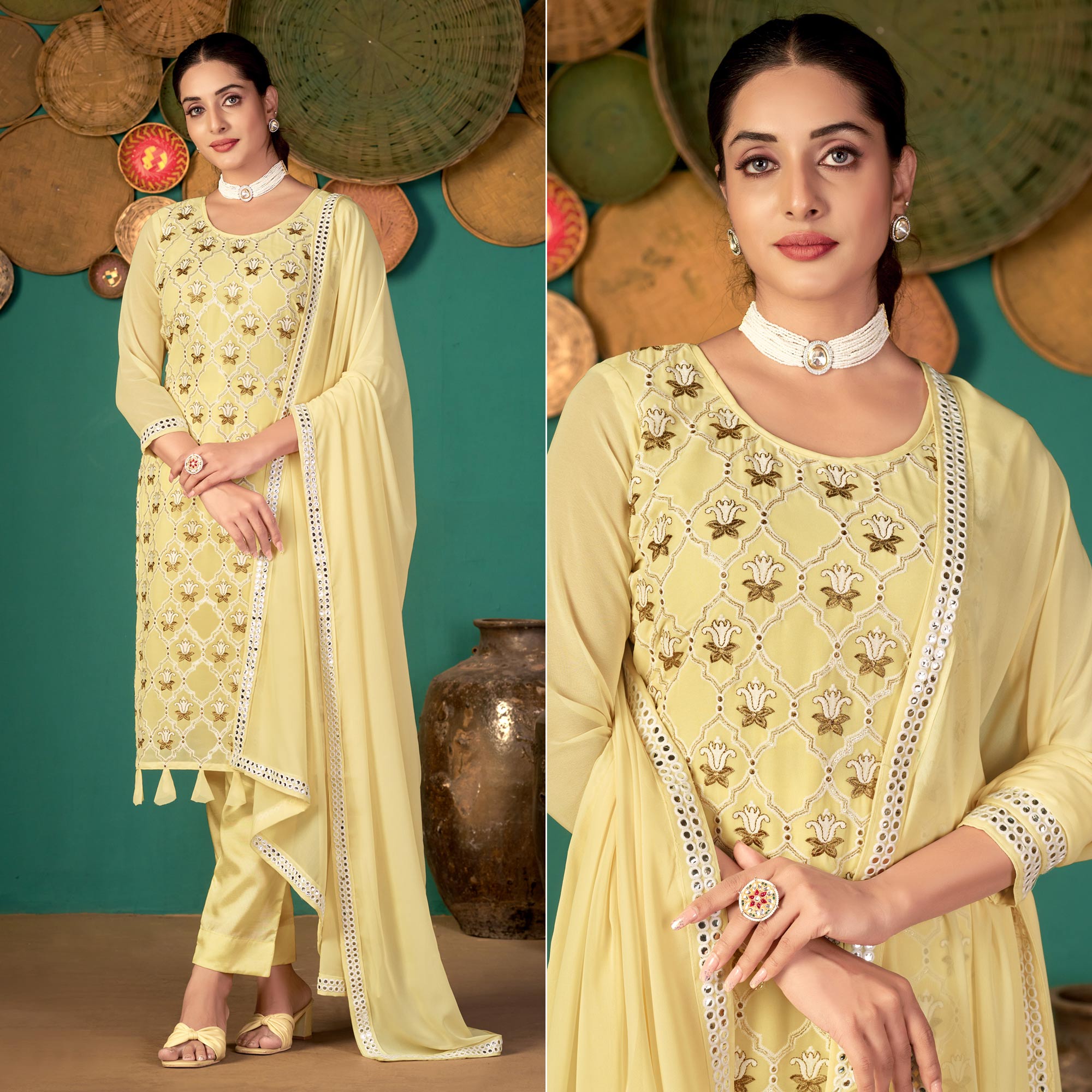 Yellow Floral Embroidered Georgette Suit