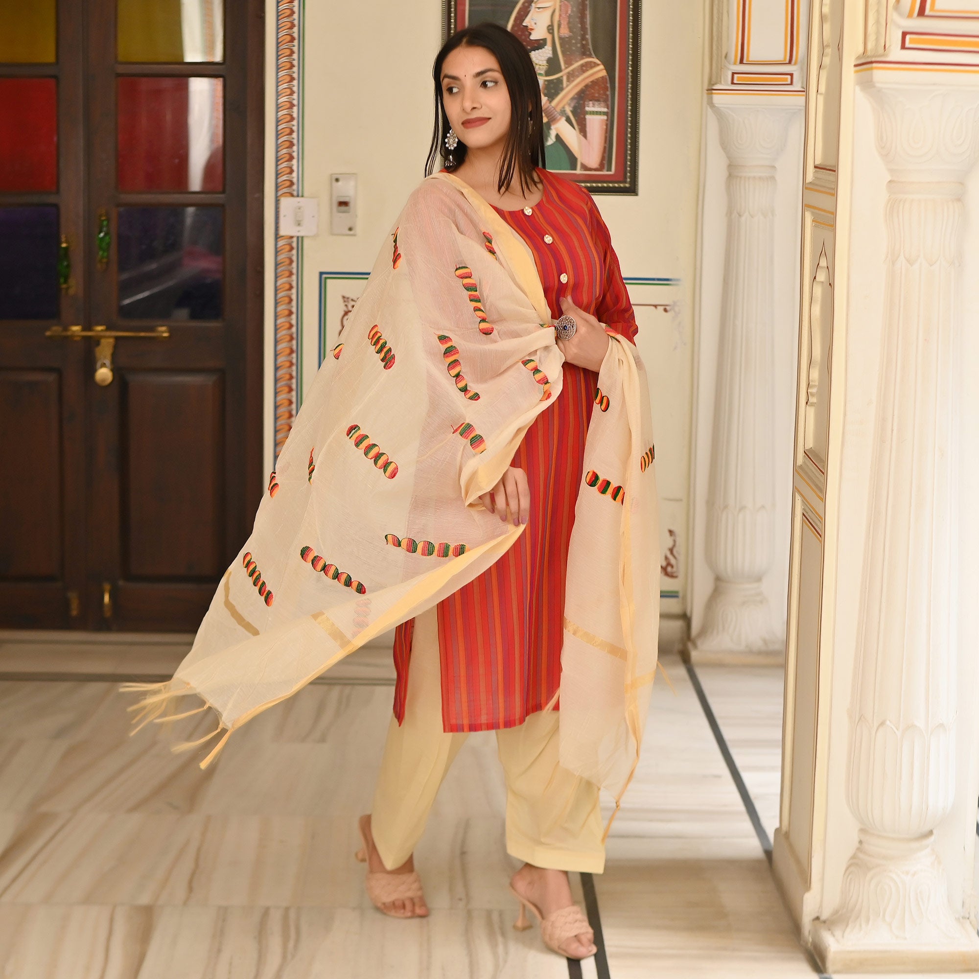 Red Stripes Printed Pure Cotton Salwar Suit