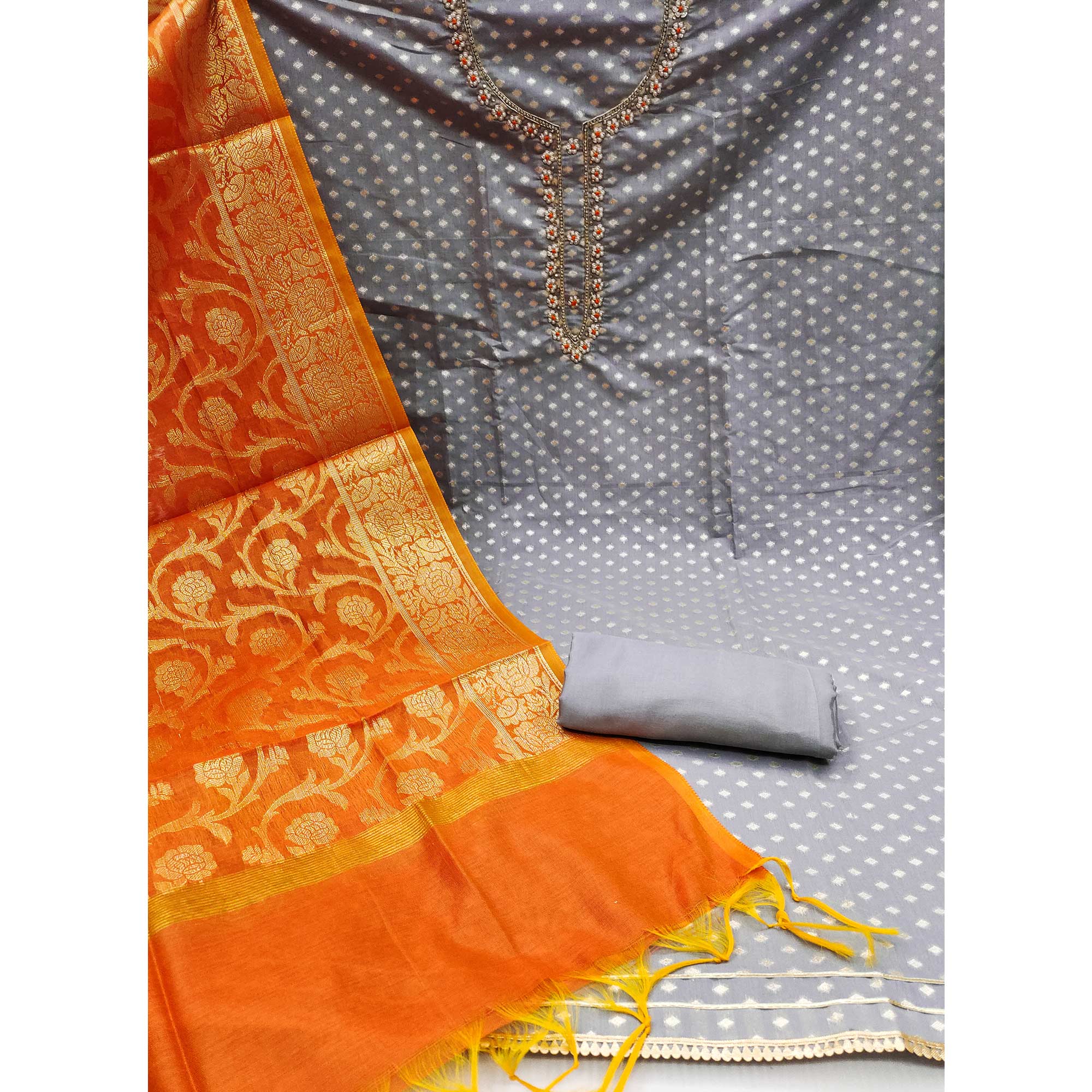 Grey Woven Banarasi Silk Dress Material