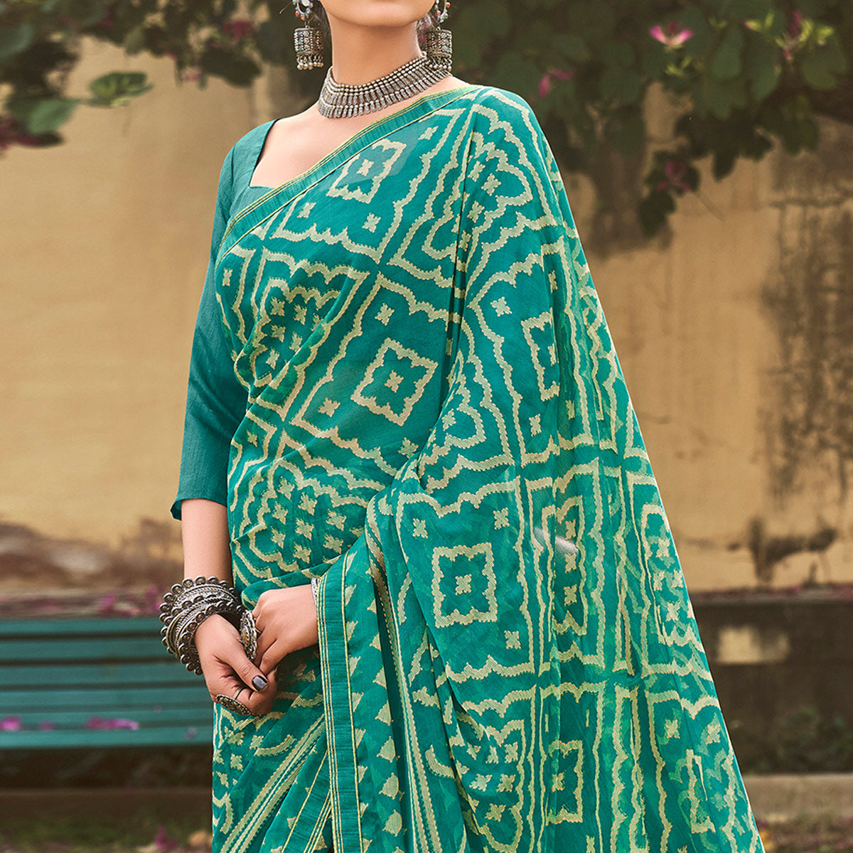 Rama Green Printed Chiffon Saree
