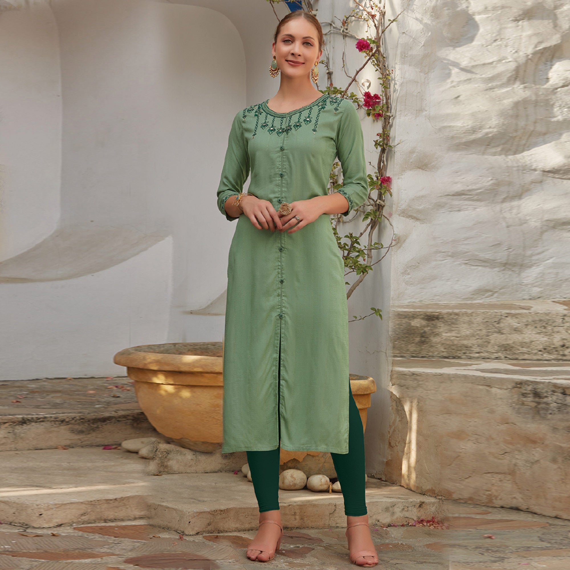 Green Floral Embroidered Cotton Blend Kurti