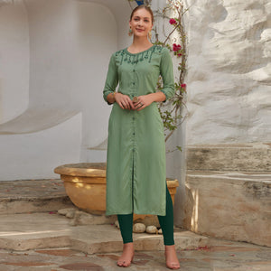 Green Floral Embroidered Cotton Blend Kurti