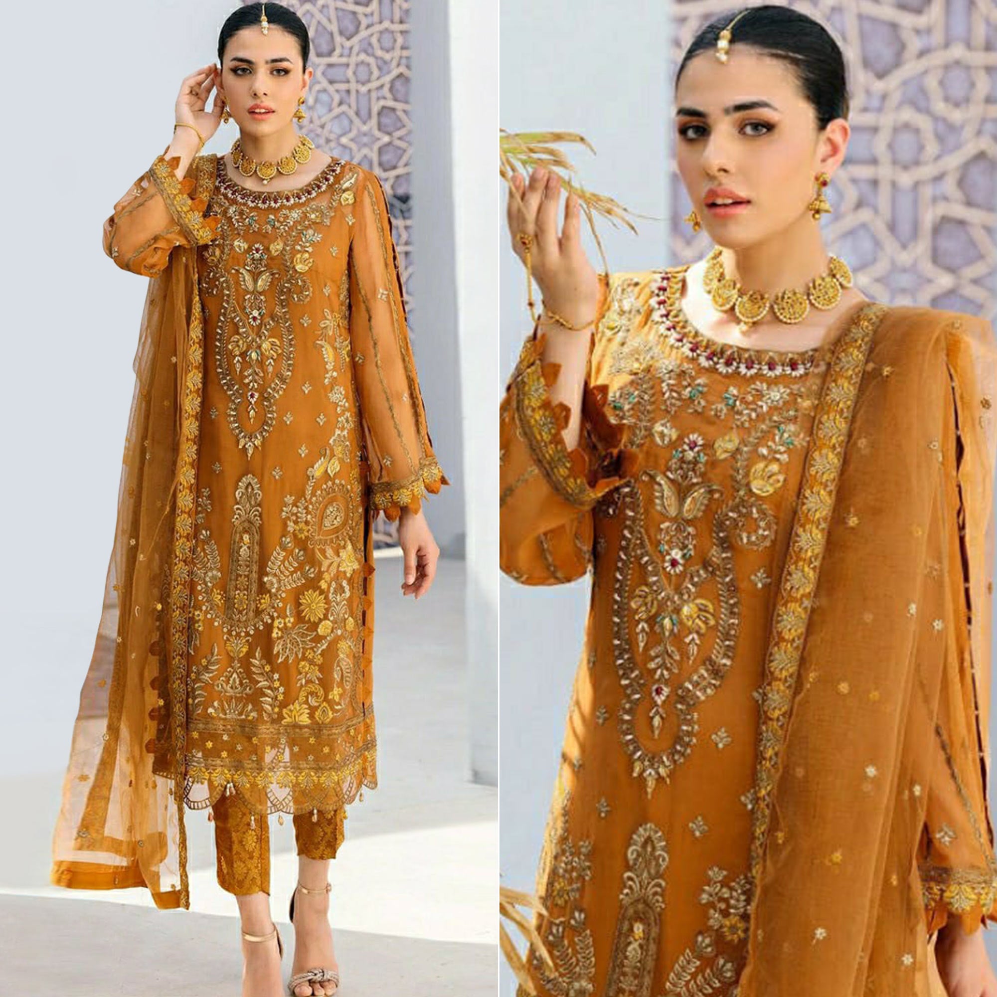 Mustard Heavy Embroidered Georgette Pakistani Suit