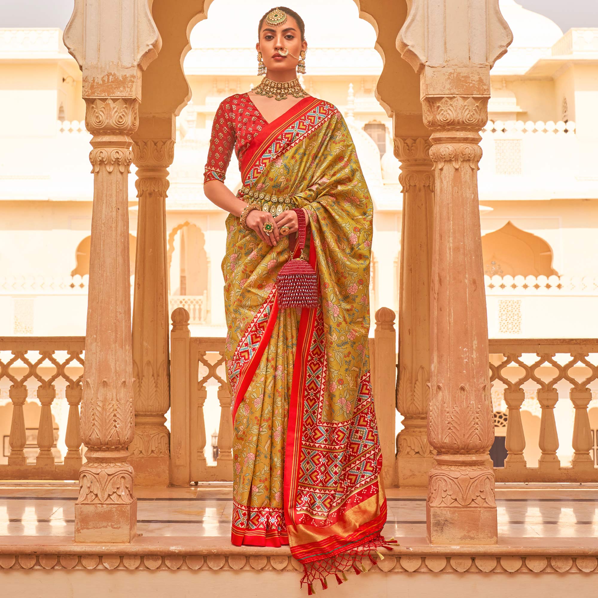 Green & Red Printed Tussar Silk Saree With Tassels