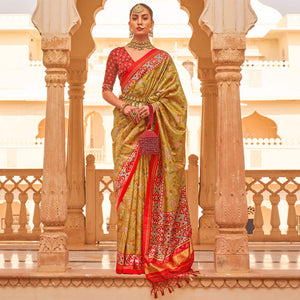 Green & Red Printed Tussar Silk Saree With Tassels