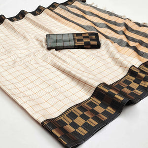 Cream & Black Woven Cotton Silk Saree