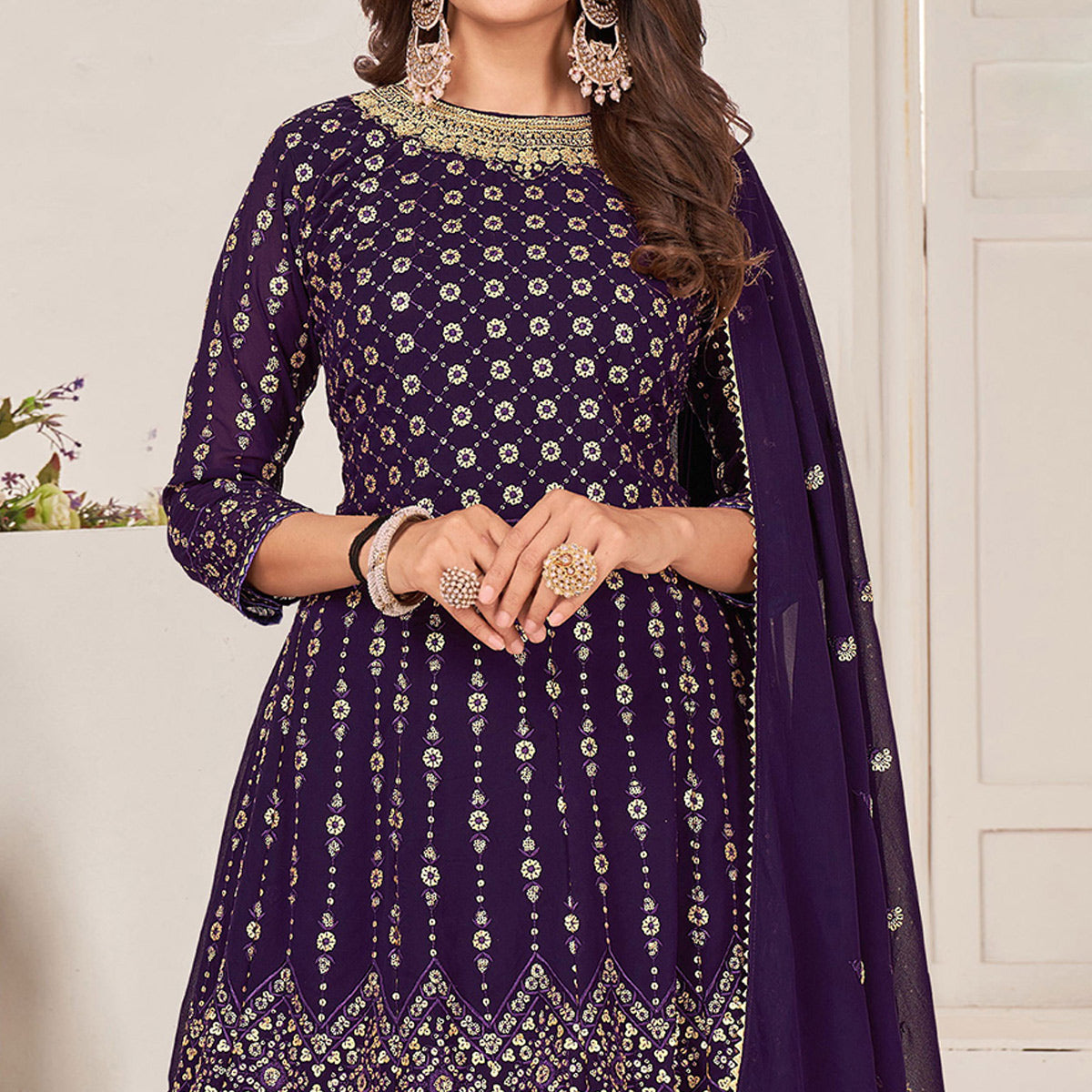 Purple Sequins Embroidered Georgette Sharara Suit