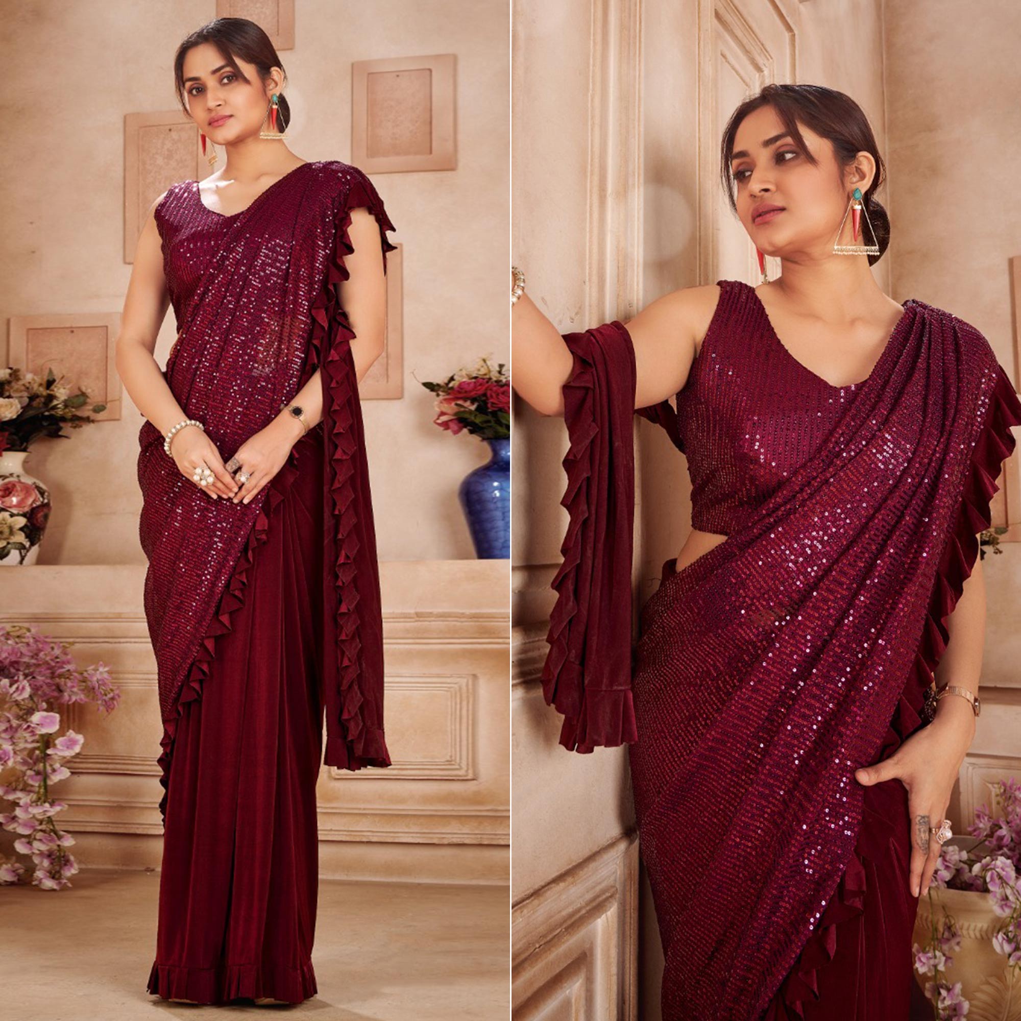 Maroon Sequins Embroidered Ready to Wear Lycra And Netted Saree