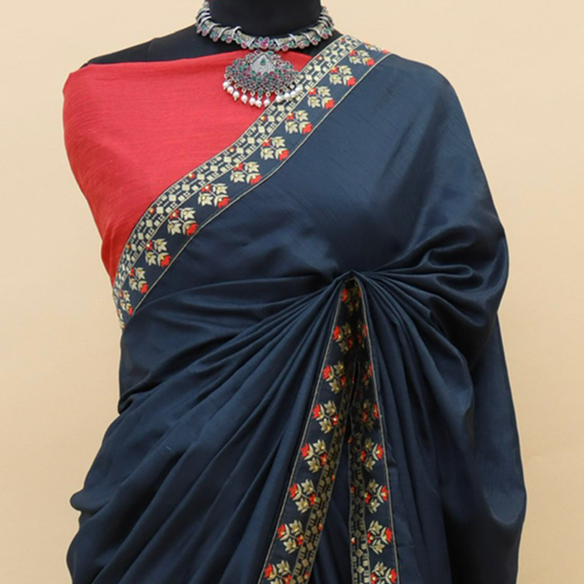 Navy Blue Woven With Stone Work Art Silk Saree