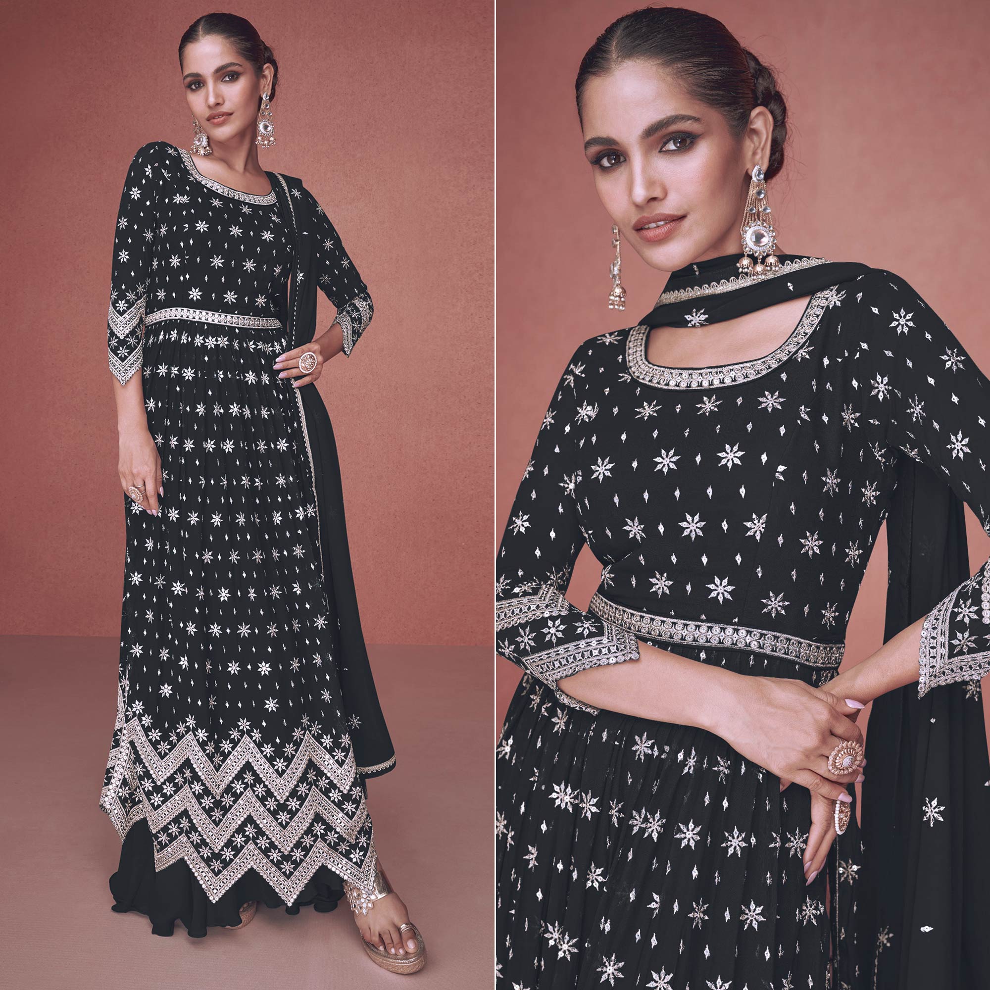 Black Sequins Embroidered Georgette Semi Stitched Naira Cut Suit