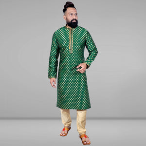 Green Woven Jacquard Kurta Pyjama Set