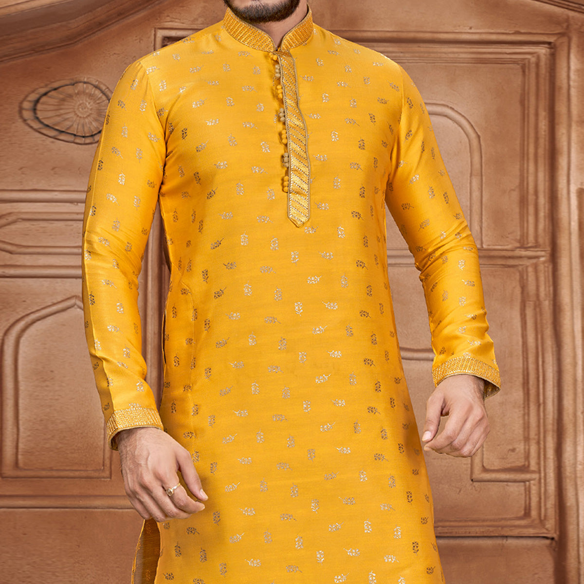 Yellow Woven Jacquard Kurta Pyjama Set