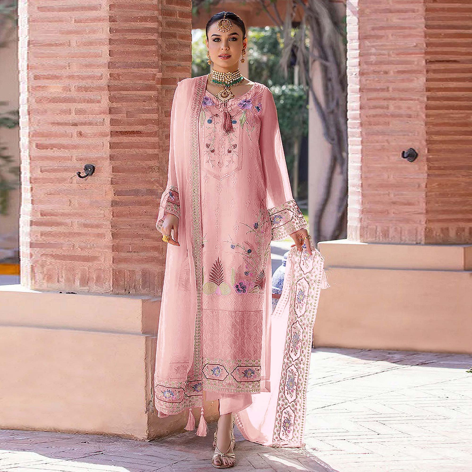 Baby Pink Embroidered Georgette Pakistani Suit