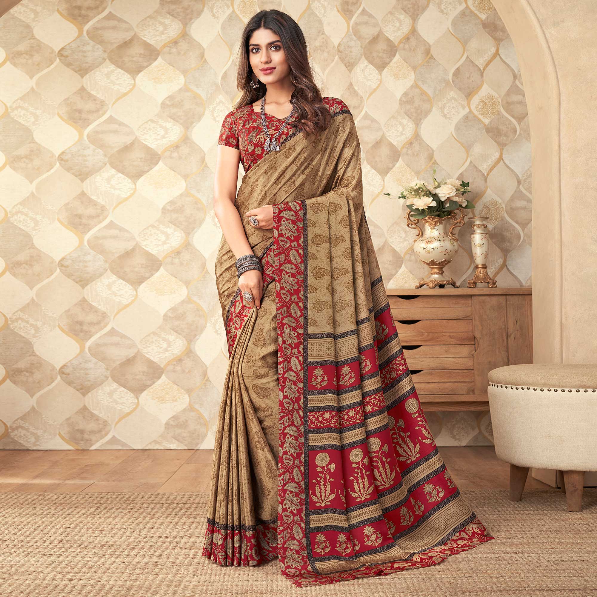 Beige Printed Crepe Saree