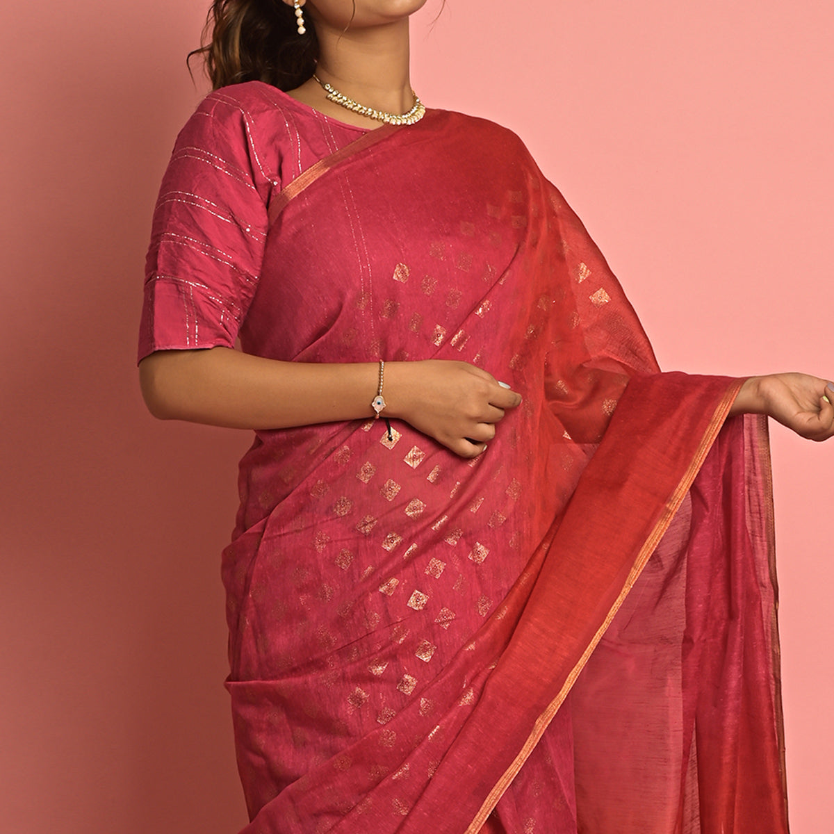 Pink & Red Foil Printed Cotton Blend Saree