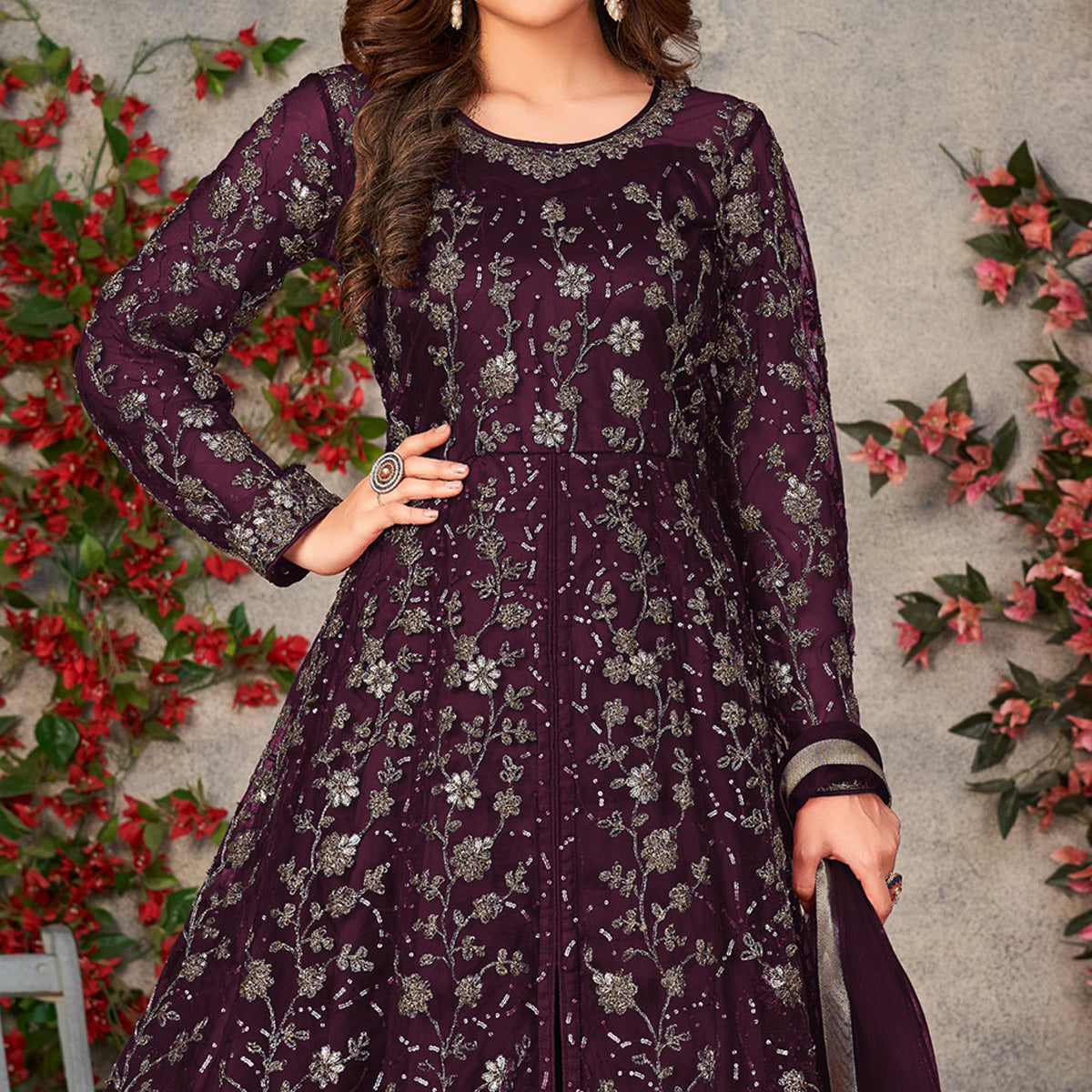 Purple Georgette Sleeveless Gown With Zardosi Embroidery And Sequins at Soch