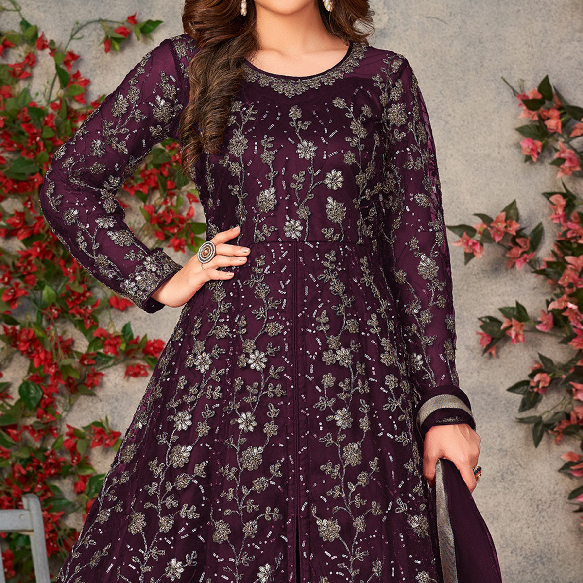 Purple Zardosi Work Netted Gown