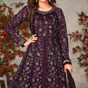Purple Zardosi Work Netted Gown