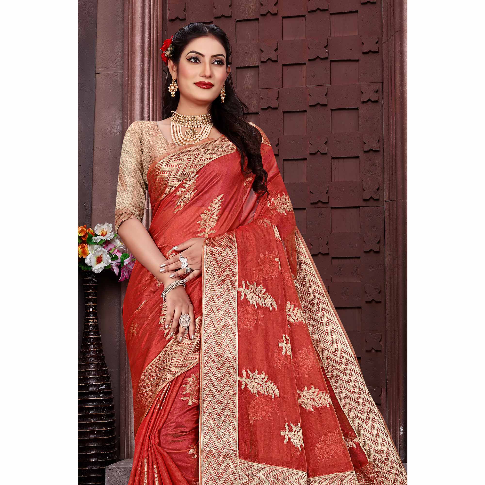 Rust Floral Woven Organza Saree