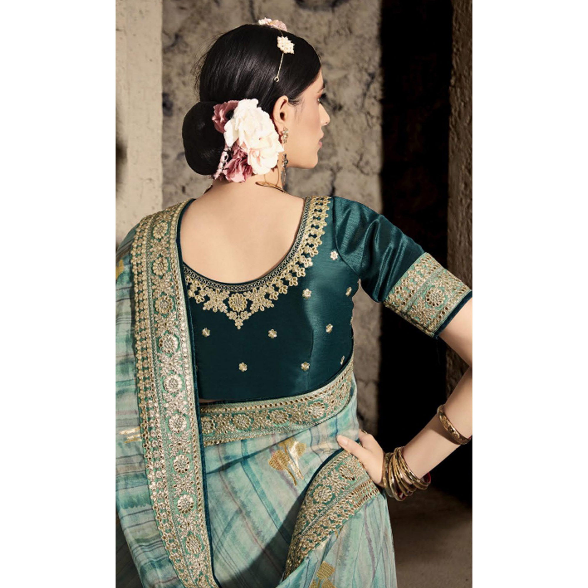 Rama Blue Woven With Embroidered Border Organza Saree