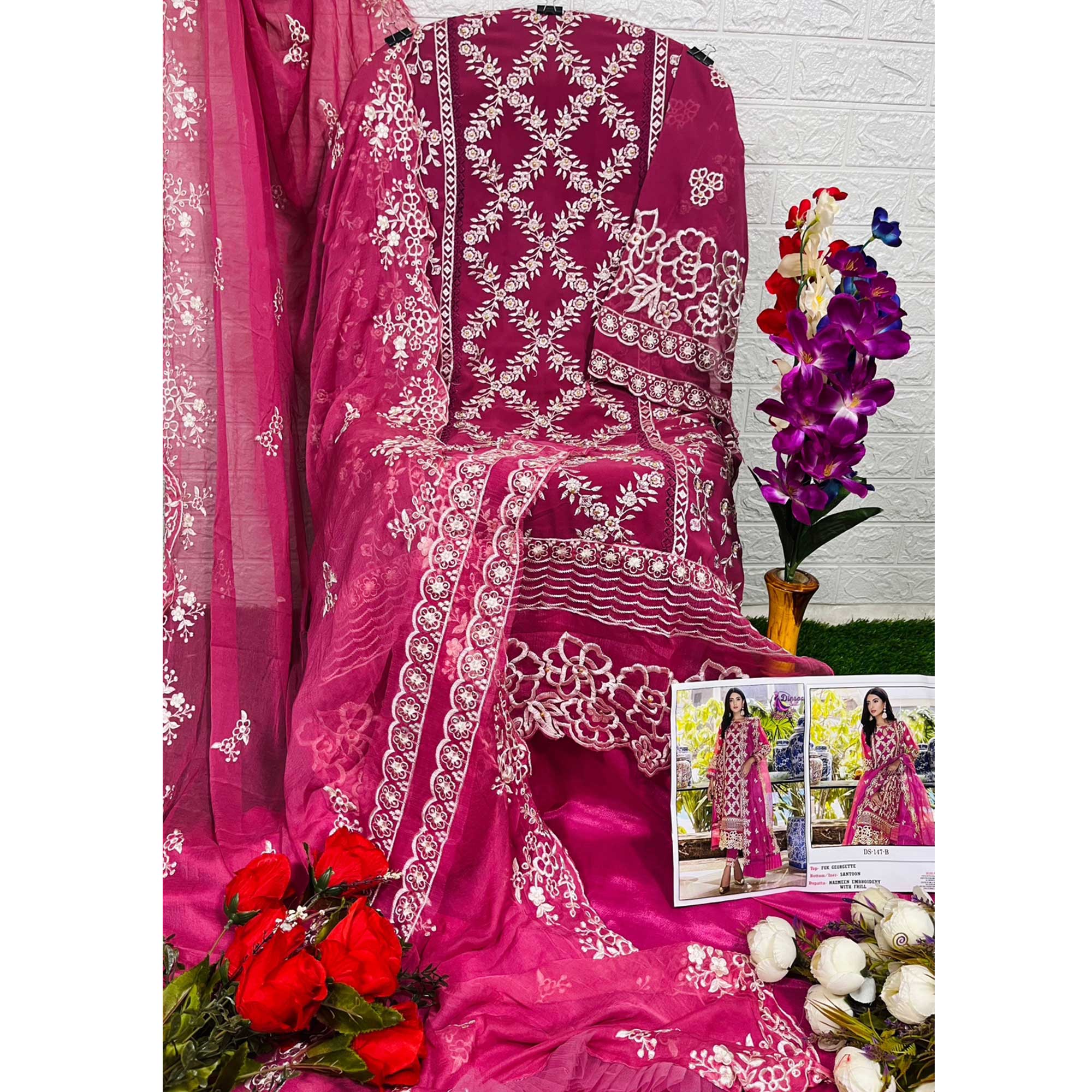 Rose Pink Floral Embroidered Georgette Salwar Suit