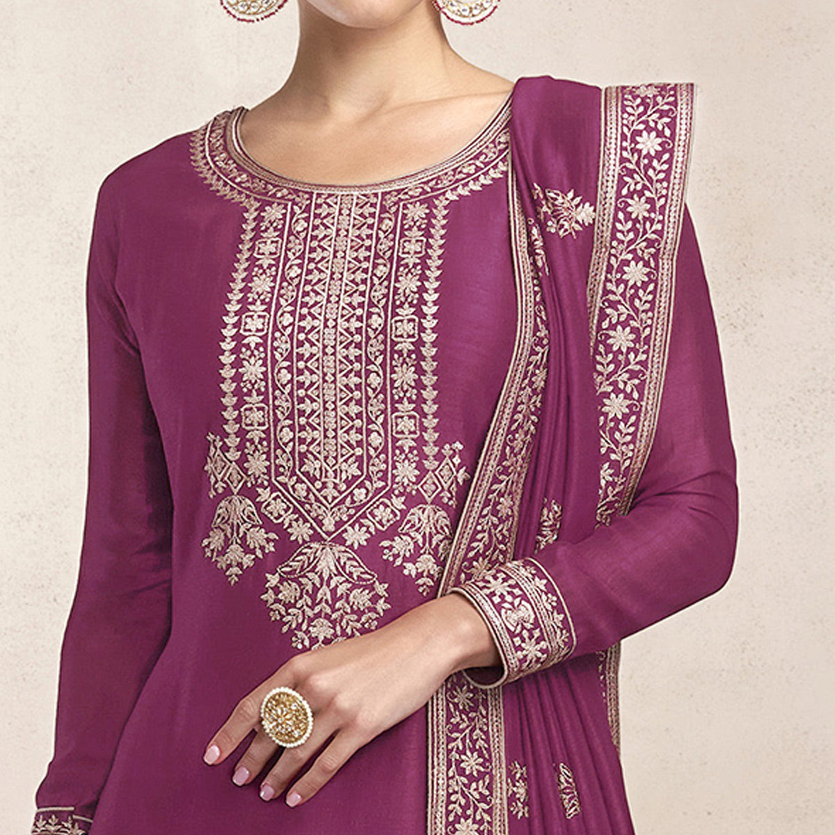 Purple Embroidered Dola Silk Salwar Suit