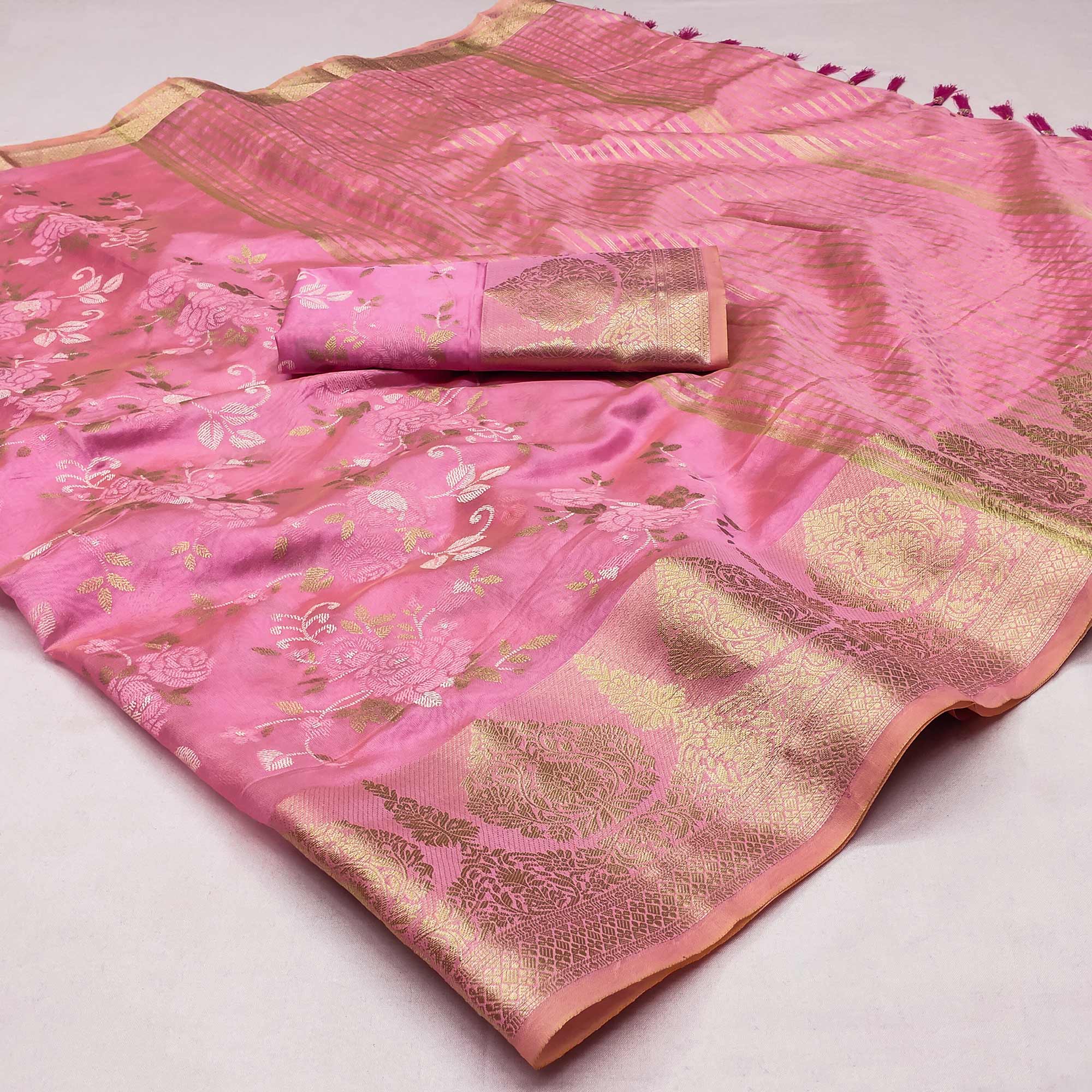 Pink Woven Organza Saree With Tassels