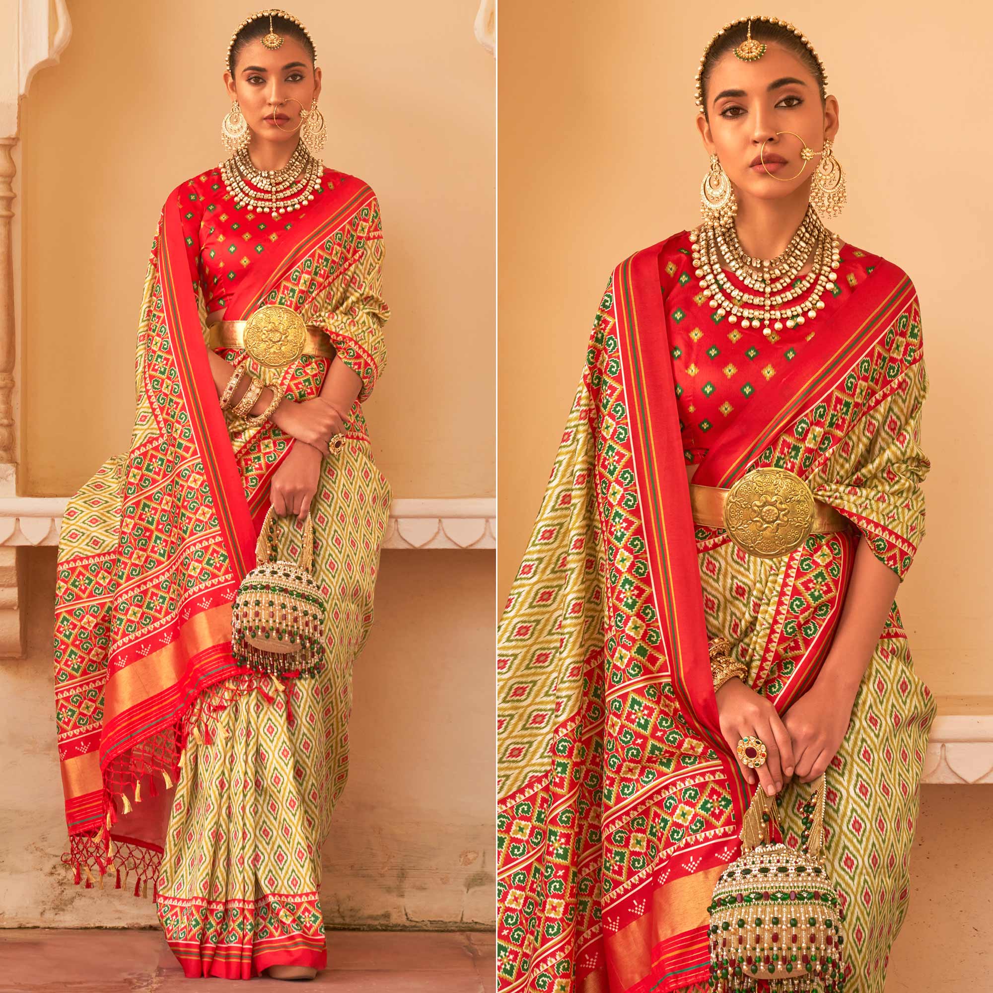 Green Printed Tussar Silk Saree With Tassels
