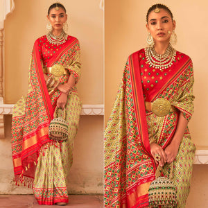 Green Printed Tussar Silk Saree With Tassels