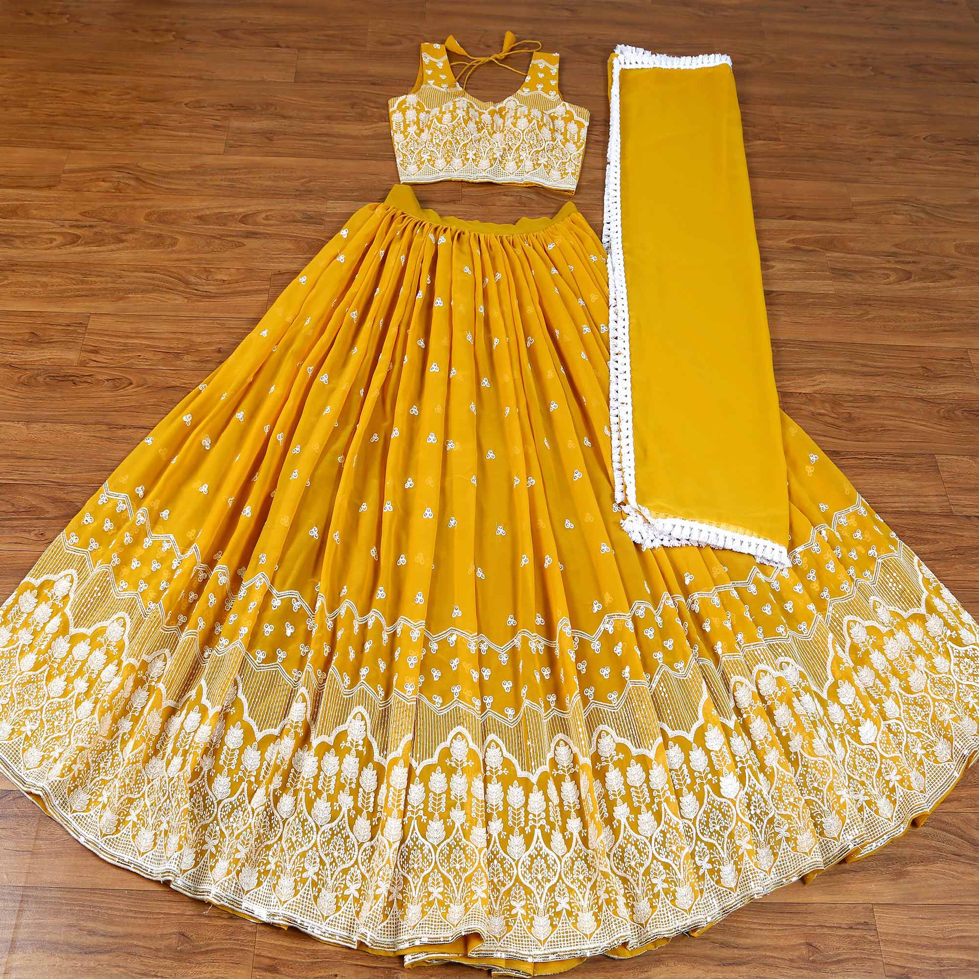 Mustard Sequins Embroidered Georgette Lehenga Choli