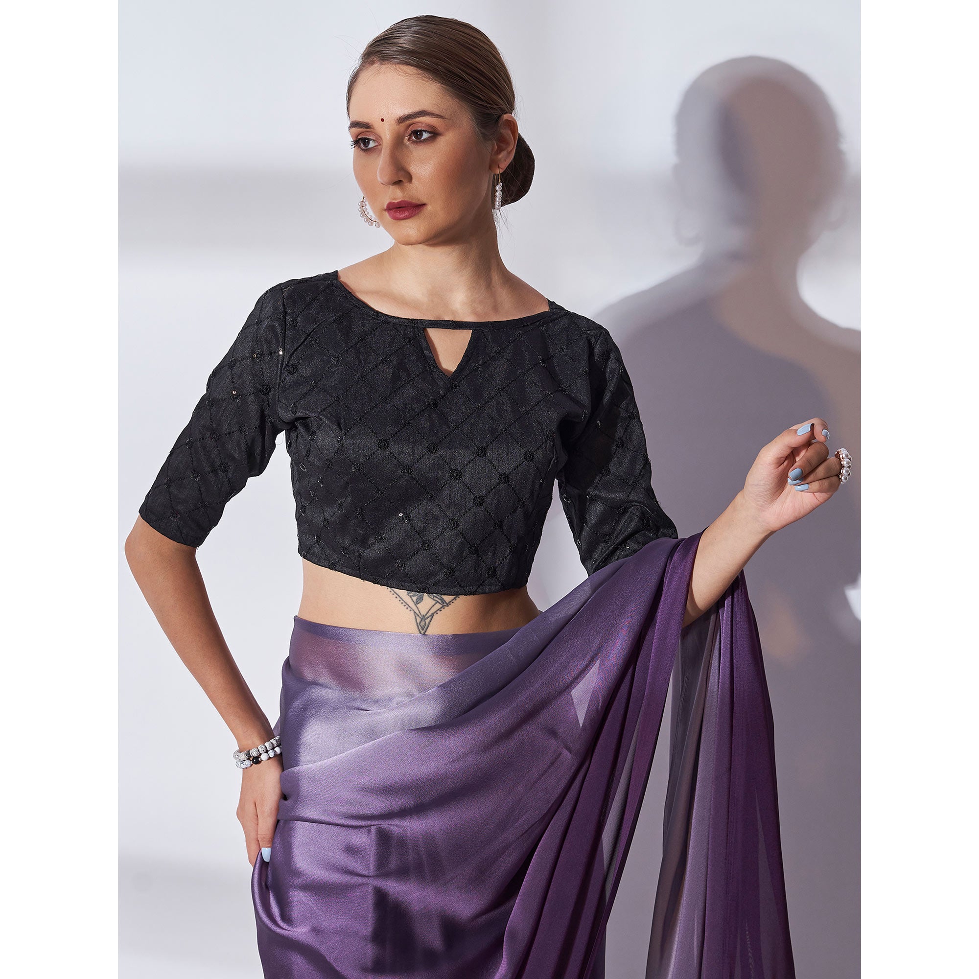 Purple Solid Georgette Saree With Tassels